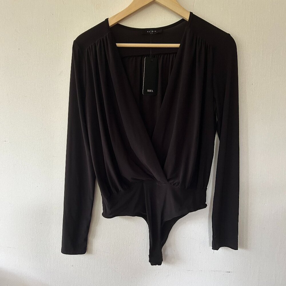 21 Saints Body Suit Womens Large Black Faux Wrap NWT Long Sleeve Faux Wrap